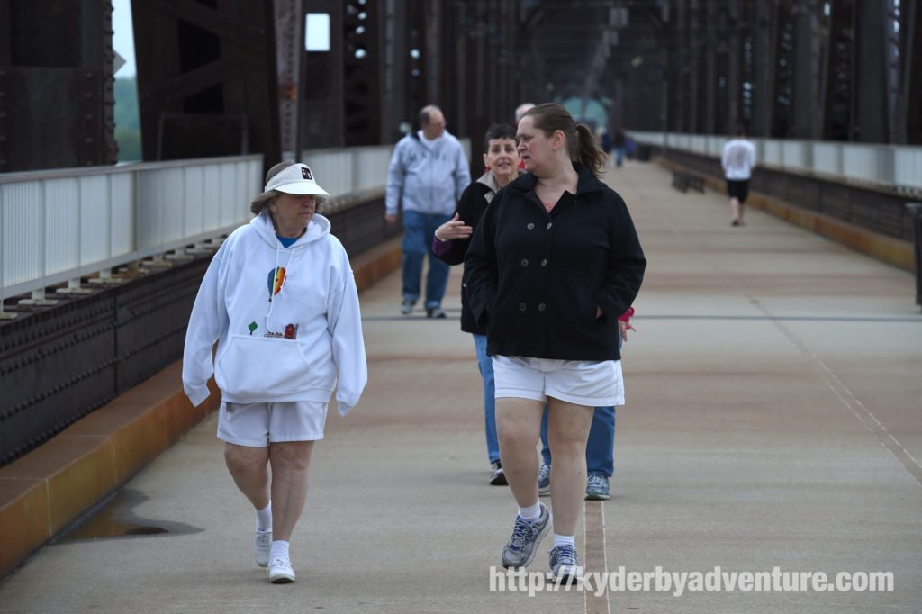Mrs. KyDerbyAdventure and her Mother crossing the Big Four Bridge towards Indiana.
