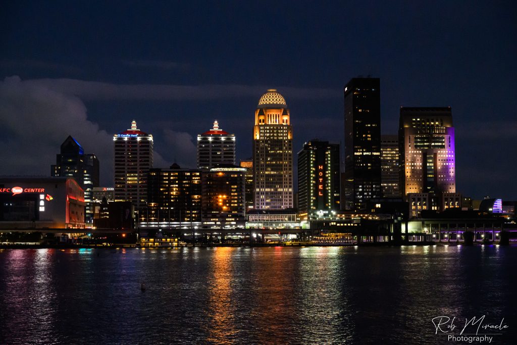 Louisville's night-time skyline as seen from the Ohio River.